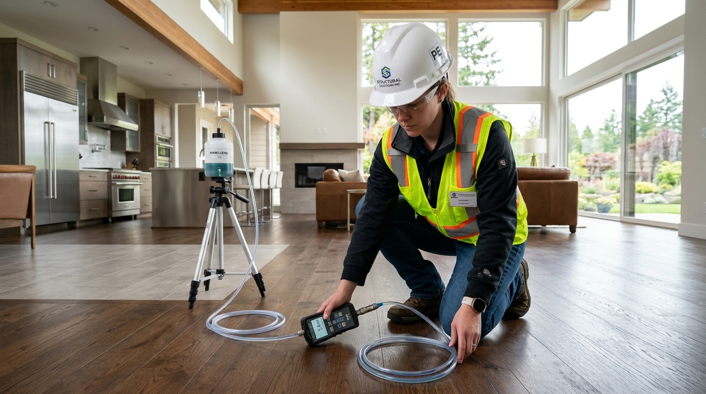 Licensed Texas Professional Engineer conducting digital manometer floor elevation survey